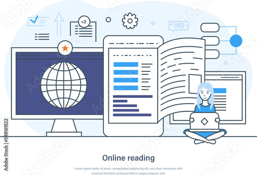 Online reading, media book library, digital technologies in education concept. Digital culture on media library, electronic book store landing page, application thin line design of vector doodles