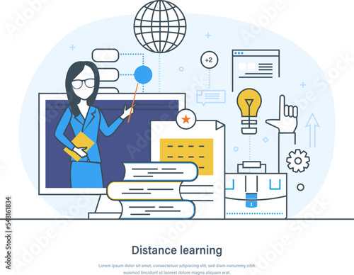 Distance learning, online education, home schooling or training courses. Digital online education technologies, e-learning, web course or tutorial concept thin line design of vector doodles