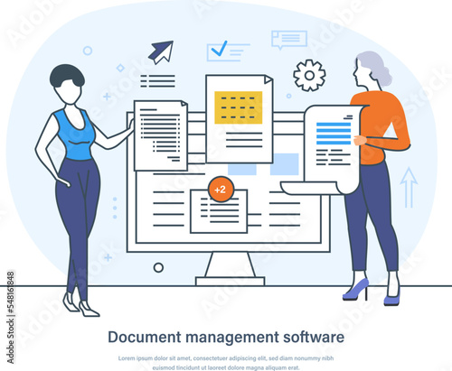 Document management software, document specification requirements, data storage. Tiny women working on payroll administrative planning and accounting thin line design of vector doodles