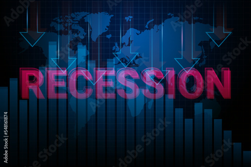 2023 Economy recession, global business downfall with falling arrow and world map. Money losing. Stock crisis, financial crisis and finance concept background. 