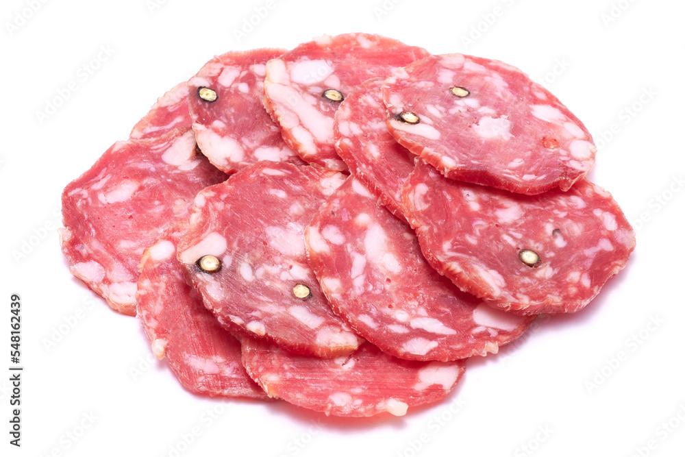 Sliced Smoked dry Salami sausage isolated on white background Sliced Smoked dry Salami sausage isolated on white background