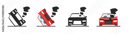 Broken car crash accident icon pictogram vector or auto vehicle breakdown damage collision graphic red black isolated illustration, break down automobile dump disaster crush smoke minimal simple glyph