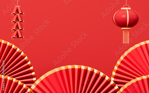 Red Spring Festival theme scene  red fans and firecrackers  3d rendering.