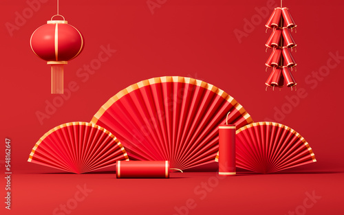 Red Spring Festival theme scene  red fans and firecrackers  3d rendering.