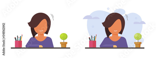 Woman teacher sitting on table desk vector or secretary reception smiling young girl portrait flat cartoon graphic illustration clipart, person character sit in office desktop modern design image