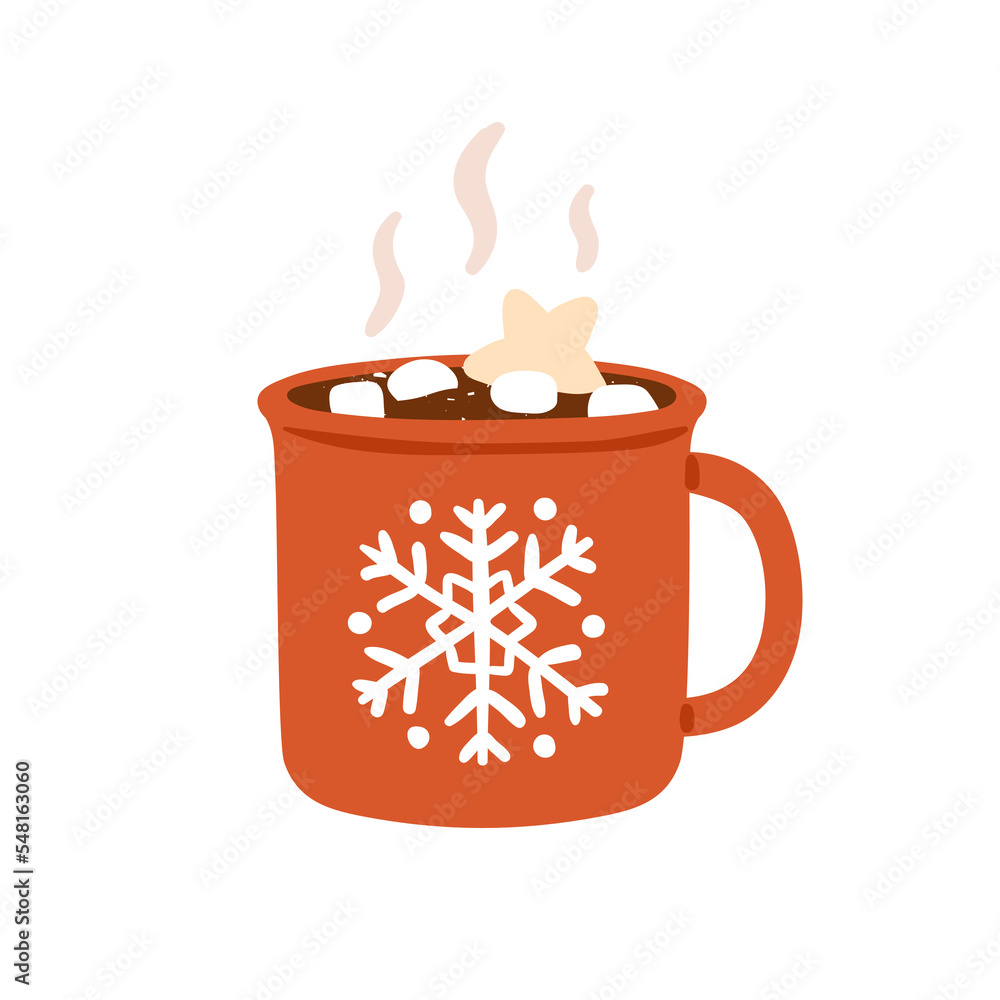 Cocoa with marshmallow in cup. Winter drink, hot chocolate in Christmas