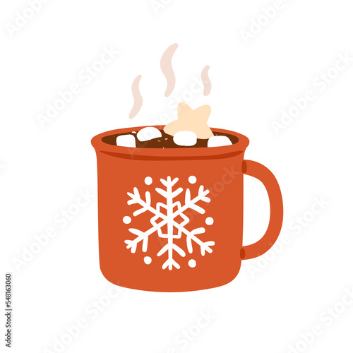Cocoa with marshmallow in cup. Winter drink, hot chocolate in Christmas mug. Warm sweet Xmas cacao, choco beverage with yummy candies and steam. Flat vector illustration isolated on white background