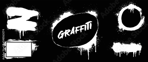 Spray painted texture vector set. White paint splatter dots, graffiti, dripping, banner, stencil spray paint grunge border texture on black background. Design for sticker, decoration, street art.
