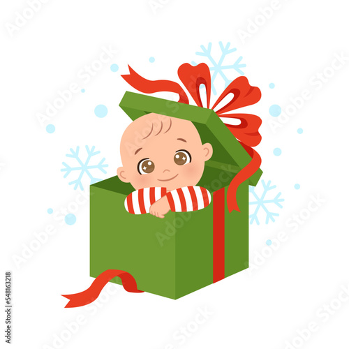 Cute baby peek from inside a present box. Flat vector cartoon design
