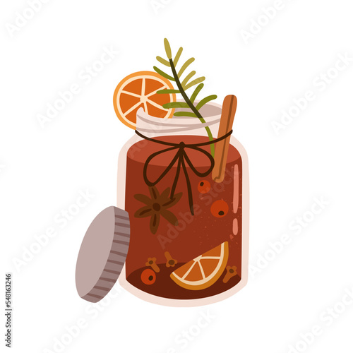 Mulled wine, hot Christmas drink in glass jar. Winter holiday beverage with cinnamon sticks, citrus fruits, spices. Festive gluhwein with cloves. Flat vector illustration isolated on white background