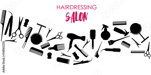 Vector image of a hairdressing salon signboard on the background of professional tools. The concept of a beauty salon, haircuts and self-care. A banner for the site.