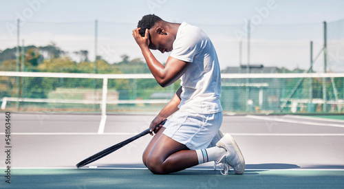 Tennis court, mistake and black man with depression, stress and mental health problem of anxiety after sports training, workout and exercise. Athlete model sad after loss, failure and burnout outdoor