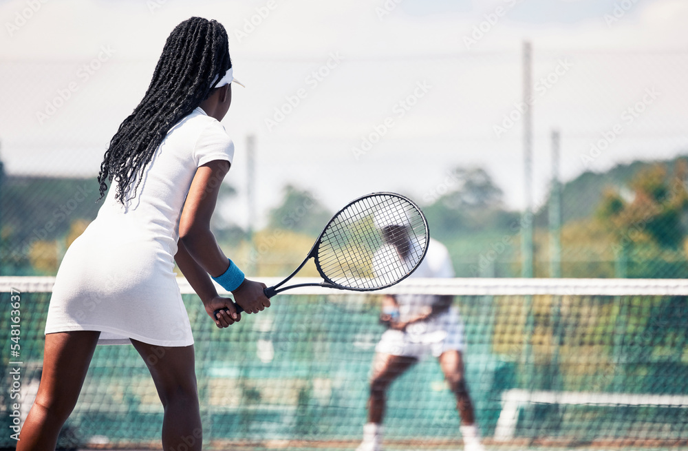 Tennis, team game and african couple workout competition, sports exercise  or outdoor wellness. Tennis court, athlete tennis player and african woman  with racket for competition or teamwork fitness Photos | Adobe Stock