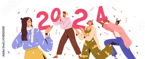Happy people with 2024 for New Year holiday. Fun friends hold numbers, celebr...