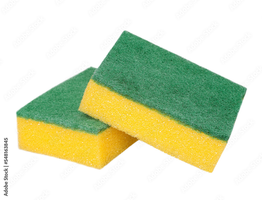 Two new yellow-green kitchen sponges for washing dishes, transparent background - obrazy, fototapety, plakaty 