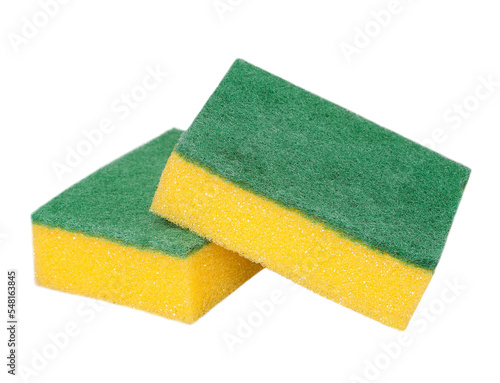 Two new yellow-green kitchen sponges for washing dishes, transparent background photo