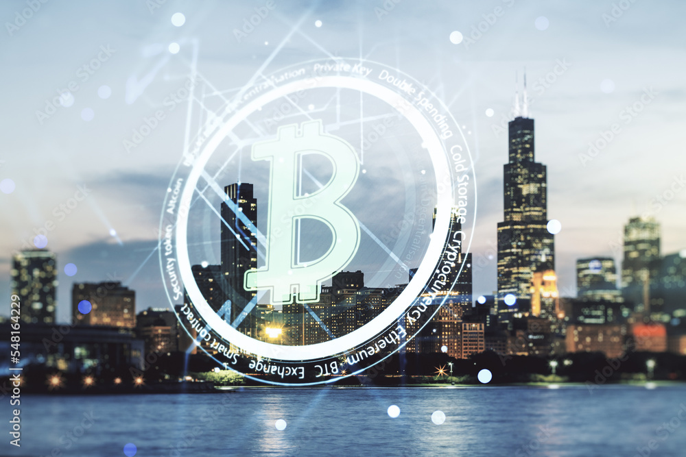 Virtual Bitcoin hologram on Chicago skyline background. Multiexposure