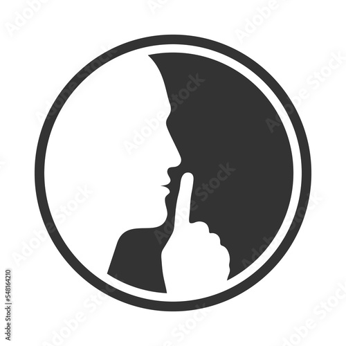 No talking please. Head human silhouette with finger on lips. Sign ask for silence isolated on white background. Vector illustration