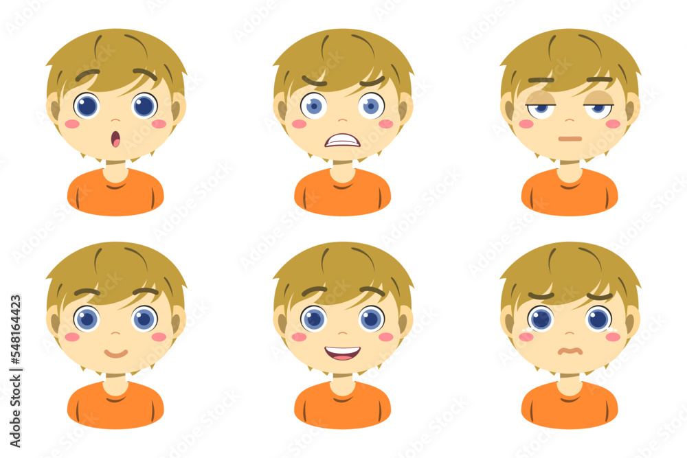 Collection of face expressions cute children cartoon character design. Different emotions boy Vector illustration. Face of smiling, crying, anger, surprise, indifferent isolated on white background. Collection of face expressions cute children cartoon character design. Different emotions boy Vector illustration. Face of smiling, crying, anger, surprise, indifferent isolated on white background.
