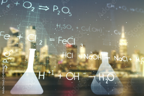 Creative chemistry hologram on blurry office buildings background, pharmaceutical research concept. Multiexposure