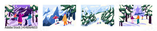 People in winter forests set. Families, friends, couples walking, hiking in frost, cold weather landscapes. Characters in wood, relaxing outdoors at leisure, on holiday. Flat vector illustrations