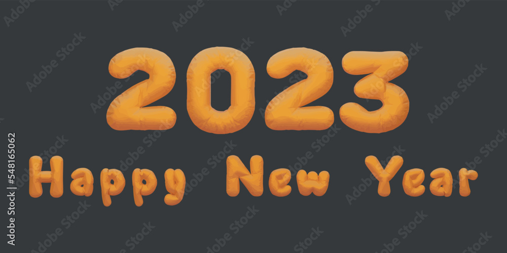 2023 happy new year uppercase and lowercase. golden inflatable Helium foil numbers bread balloons style.vector illustration eps10