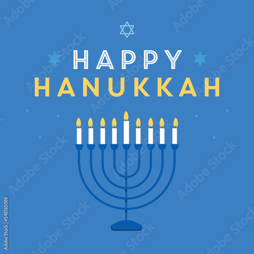 Colorful Happy Hanukkah lettering with burning candles. Holiday Greeting Card. Vector stock illustration