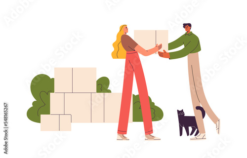 Couple with cardboards pile. Man and woman family carrying boxes with belongings, stuff during relocation, moving to new house, leaving home. Flat vector illustration isolated on white background
