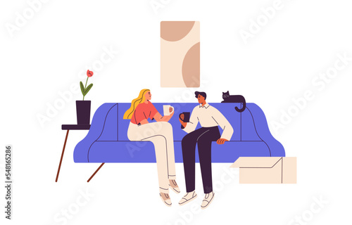 Family couple just moved to new home. Happy man and woman sitting on sofa in own apartment, house, celebrating housewarming with tea. Flat graphic vector illustration isolated on white background