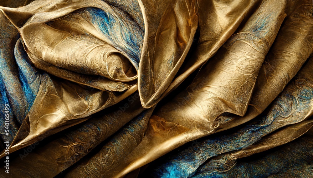 Luxury golden silk folds with touch of blue color, close up Luxury golden silk folds with touch of blue color, close up