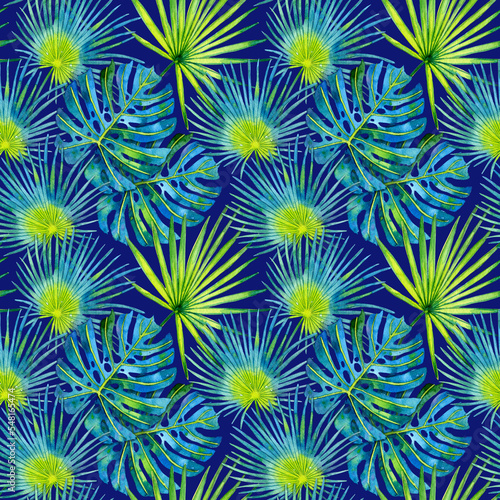 Tropical seamless pattern with monstera, palm leaves. Watercolor illustration on dark blue background with tropical leaves.