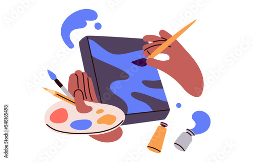 Artist painting on canvas with oil paints and brush. Painter drawing, creating abstract picture. Creative hands at work. Art creation process. Flat vector illustration isolated on white background