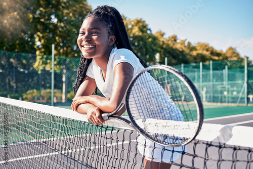 Sports, tennis and black woman with tennis racket on court ready for winning game, match and practice outdoors. Motivation, fitness and girl smiling on tennis court for training, exercise and workout