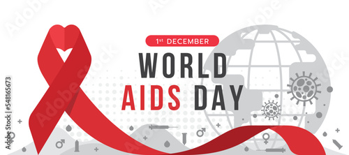 world aids day - Red ribbon with heart shape and icon about aids around on floor and globe background vector design