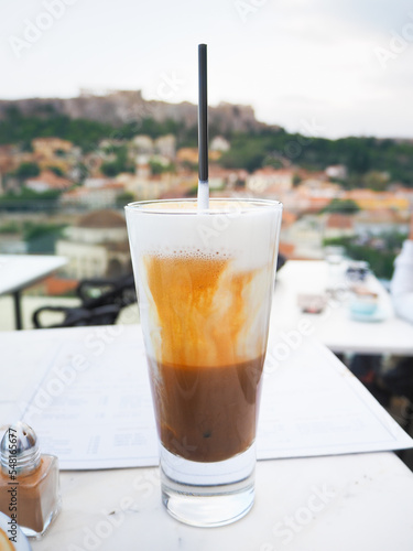 Cold coffee vith view of the Acropolis.Athens,Greece.