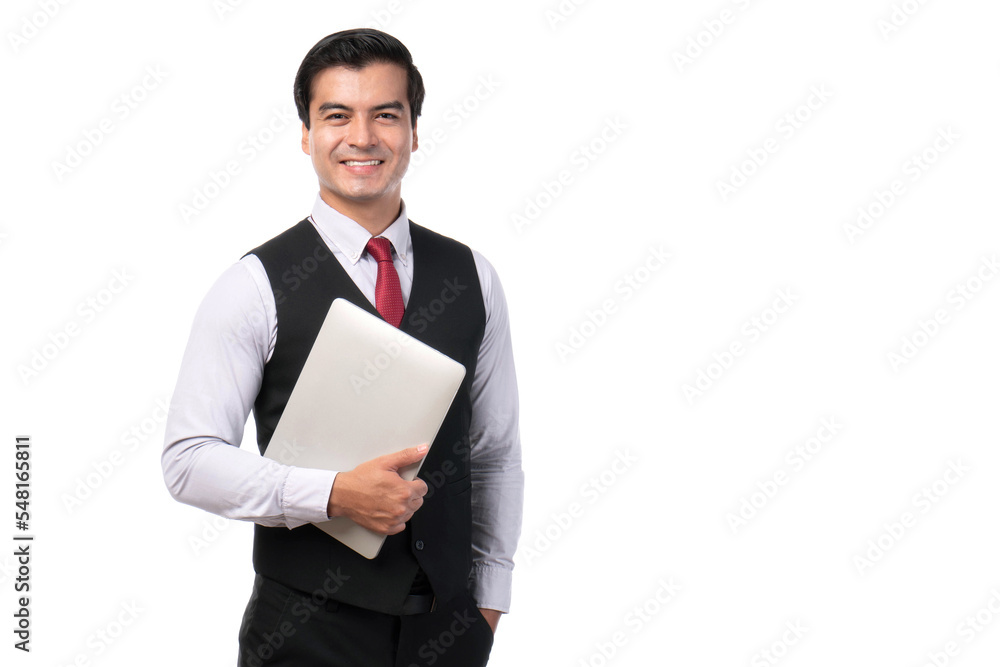Portrait working Asian business handsome man ware suit holding laptop computer on white background with copy space - business concept Portrait working Asian business handsome man ware suit holding laptop computer on white background with copy space - business concept
