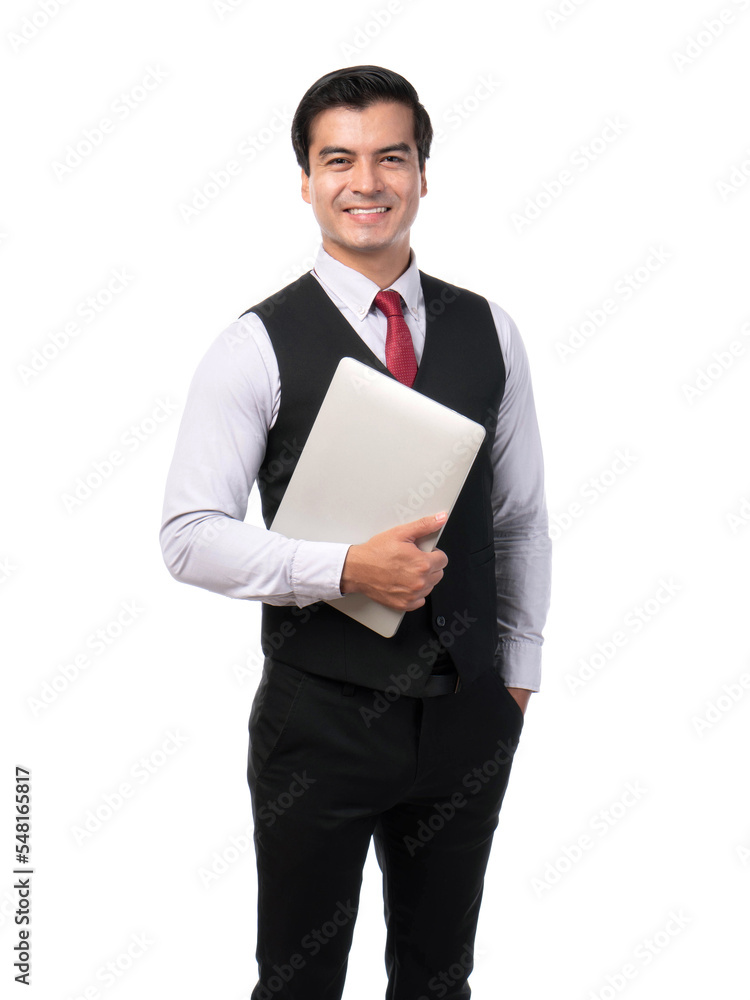 Portrait working Asian business handsome man ware suit holding laptop computer on white background with copy space - business concept Portrait working Asian business handsome man ware suit holding laptop computer on white background with copy space - business concept