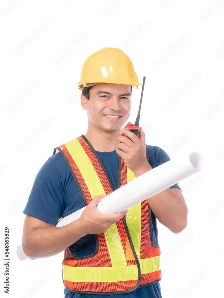 Portrait young architect man engineering with yellow helmet holding megaphone and tablet computer in hand , He standing arms crossed isolated on white background with copy space Portrait young architect man engineering with yellow helmet holding megaphone and tablet computer in hand , He standing arms crossed isolated on white background with copy space
