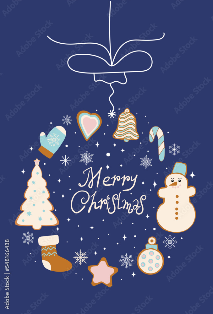 Fototapeta premium New Year card. Christmas ball made of gingerbread cookies. Merry Christmas lettering. Vector illustration isolated on blue background