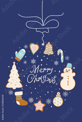 New Year card. Christmas ball made of gingerbread cookies. Merry Christmas lettering. Vector illustration isolated on blue background