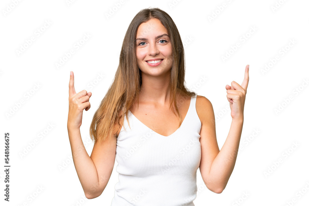 Young pretty woman over isolated background pointing up a great idea Young pretty woman over isolated background pointing up a great idea