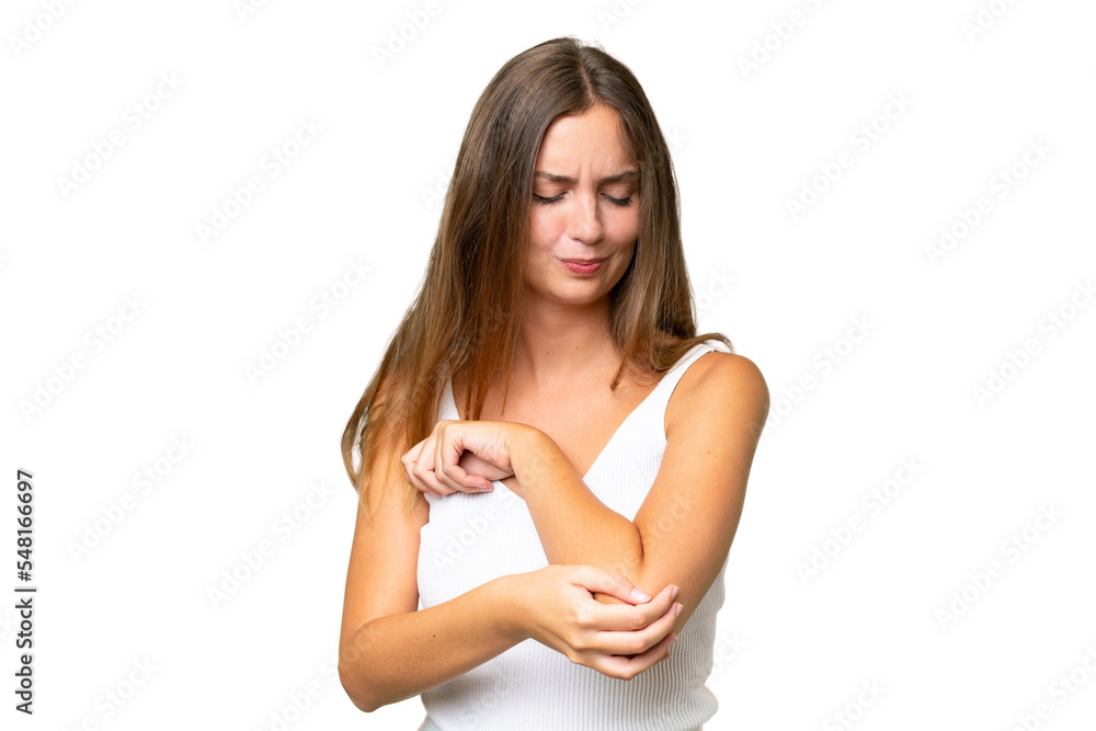Young pretty woman over isolated background with pain in elbow Young pretty woman over isolated background with pain in elbow