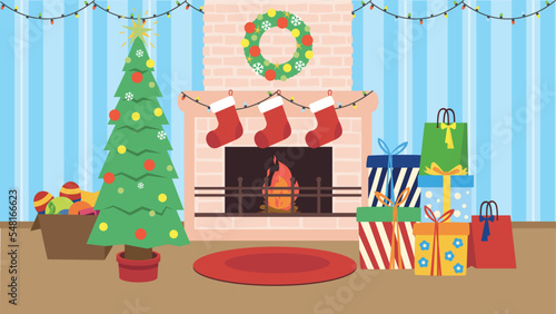 Living room interior with fireplace and Christmas tree and gifts