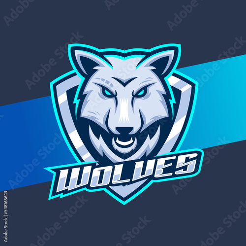 white wolves head mascot esport logo design, wolf character for sport and gaming