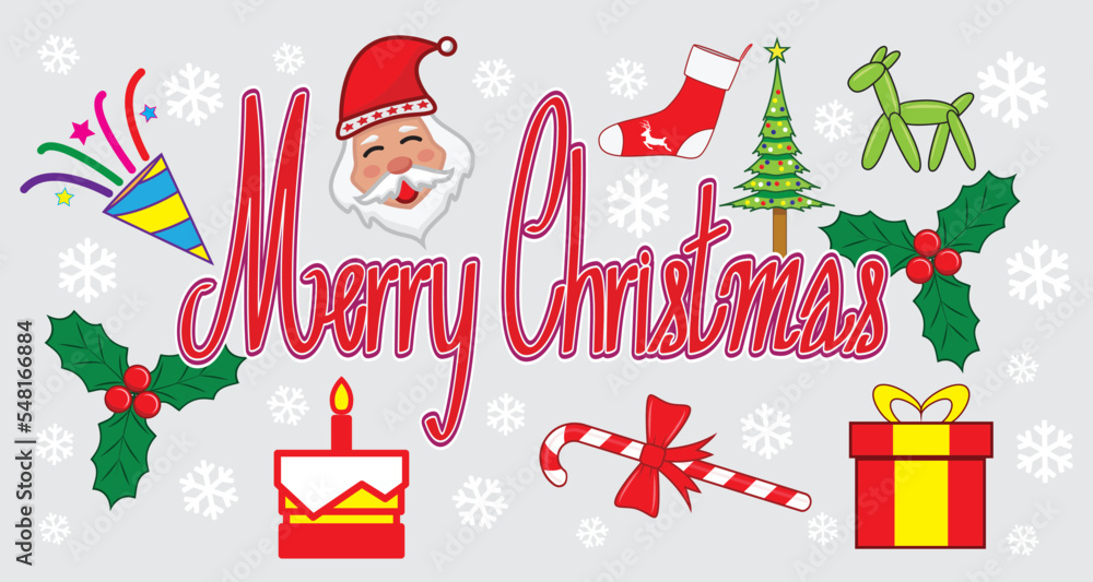 Greeting card - Merry Christmas with symbols of Christmas drawing in cartoon vector