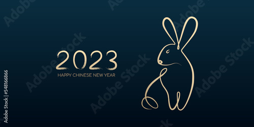 Happy Chinese New Year 2023, Year of the rabbit by brush stroke abstract paint continuous line gold gradient isolated on dark blue background.