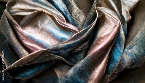 Luxury silver silk folds with parts colored in of blue and rose tones, close up