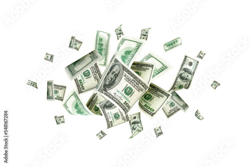 Dollar sign. American money. Cash white background, us bill. Money falling.