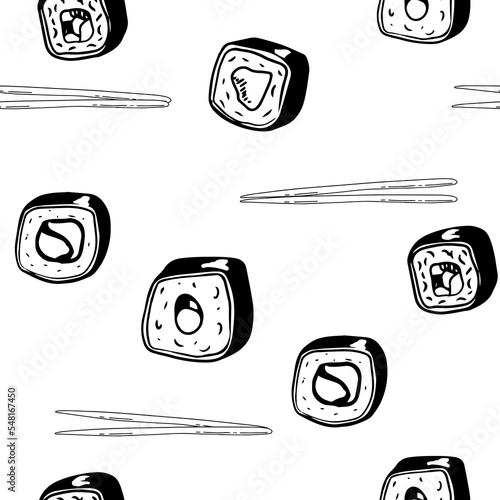 Sushi isolated icons in seamless pattern, vector illustration. Wrapping paper design for Japanese restaurant food delivery packages. Traditional Asian cuisine seafood dish, sushi and rolls menu cover,