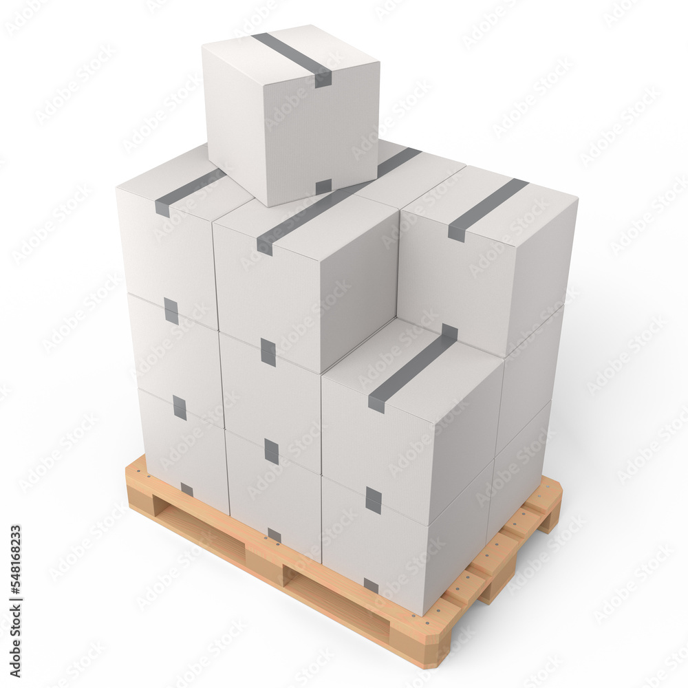 Set of wooden pallet for warehouse cargo storage with cardboard boxes on white Set of wooden pallet for warehouse cargo storage with cardboard boxes on white